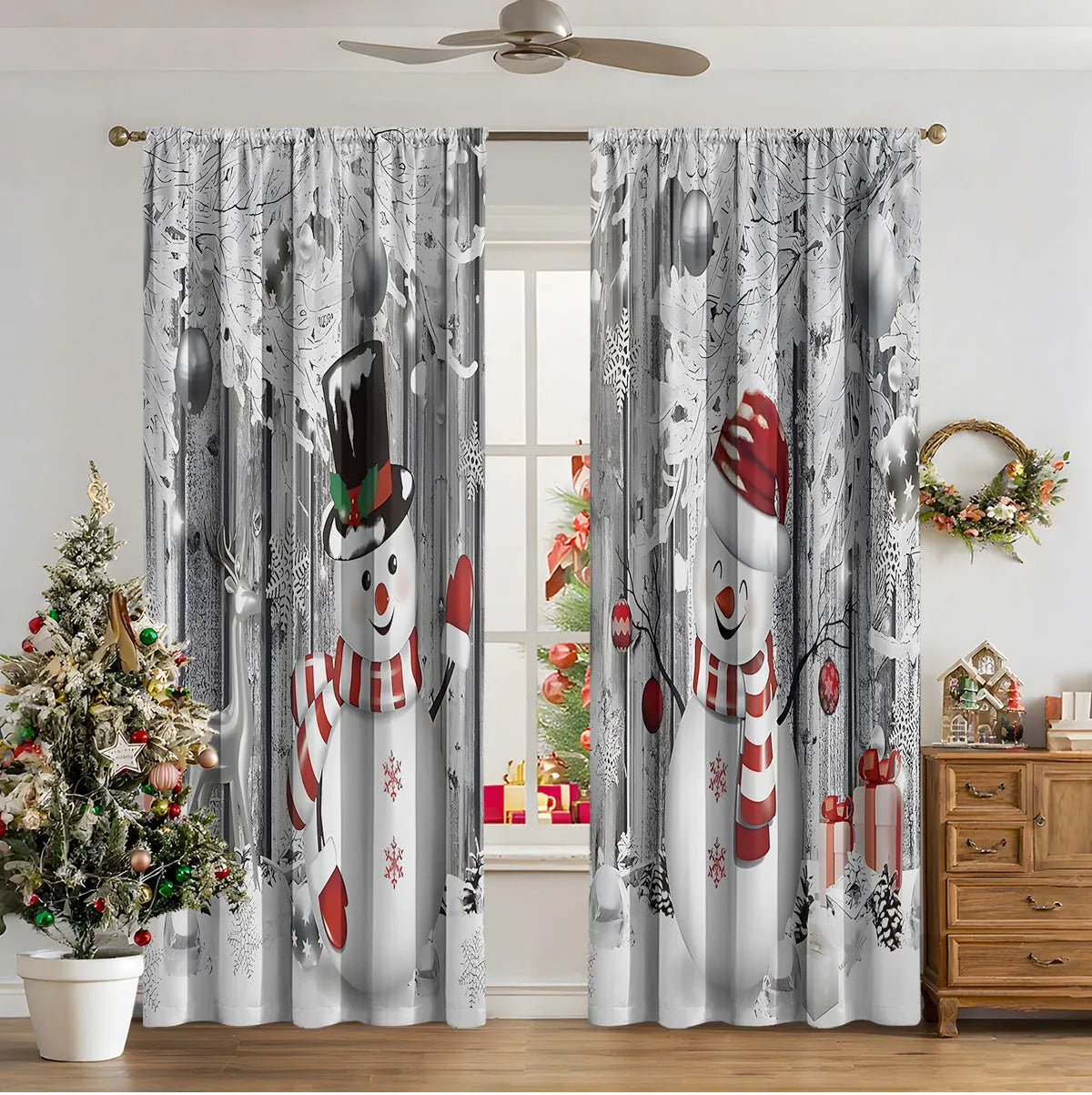 3D digital printed modern Christmas curtain hanging on a window