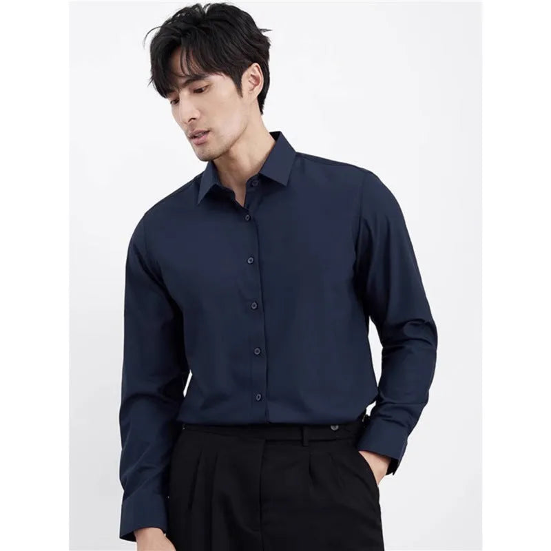 Men's wine red slim fit long sleeve shirt made from non-iron polyester blend fabric.