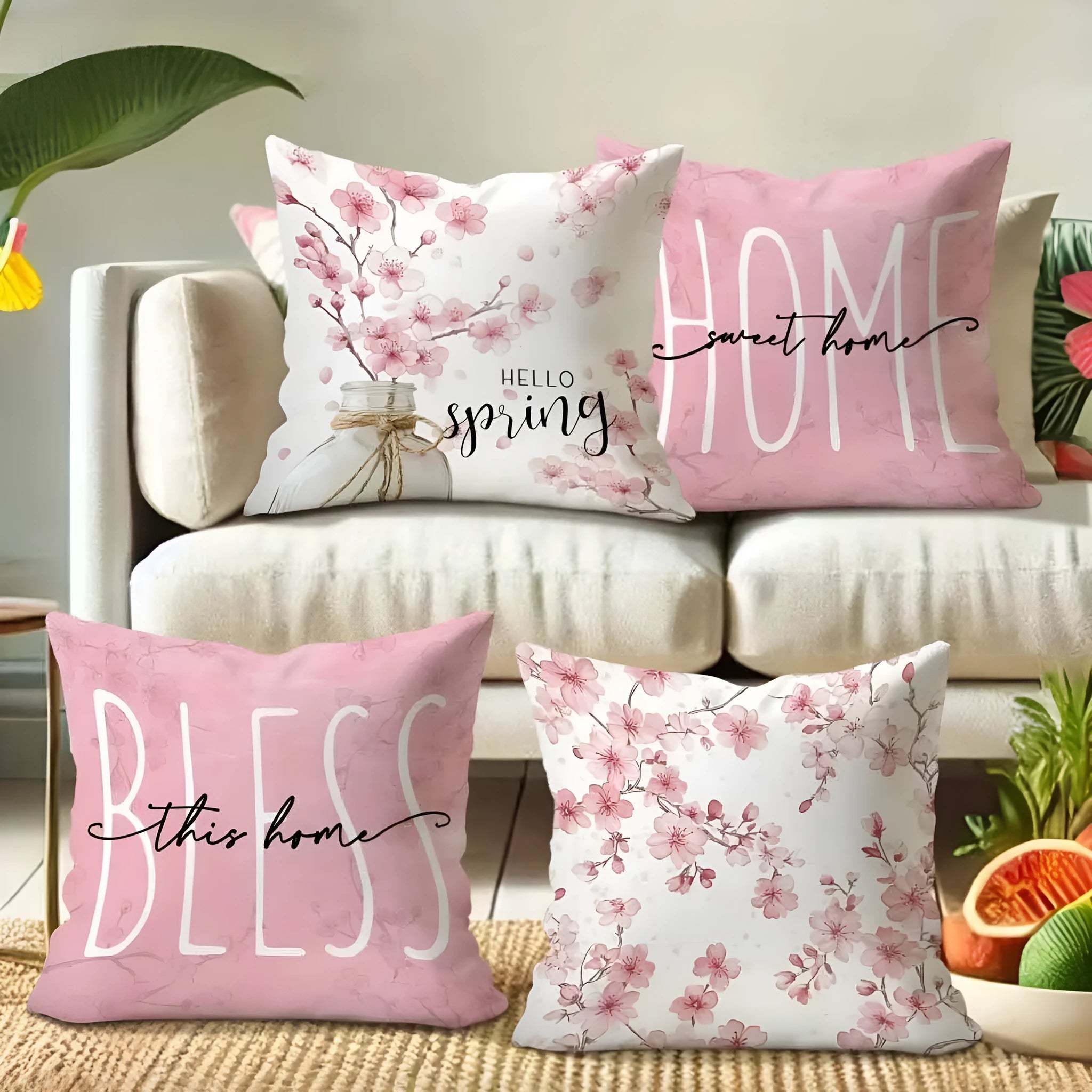 45cm square short velvet cushion cover with spring cherry blossom and letter print in assorted colours.
