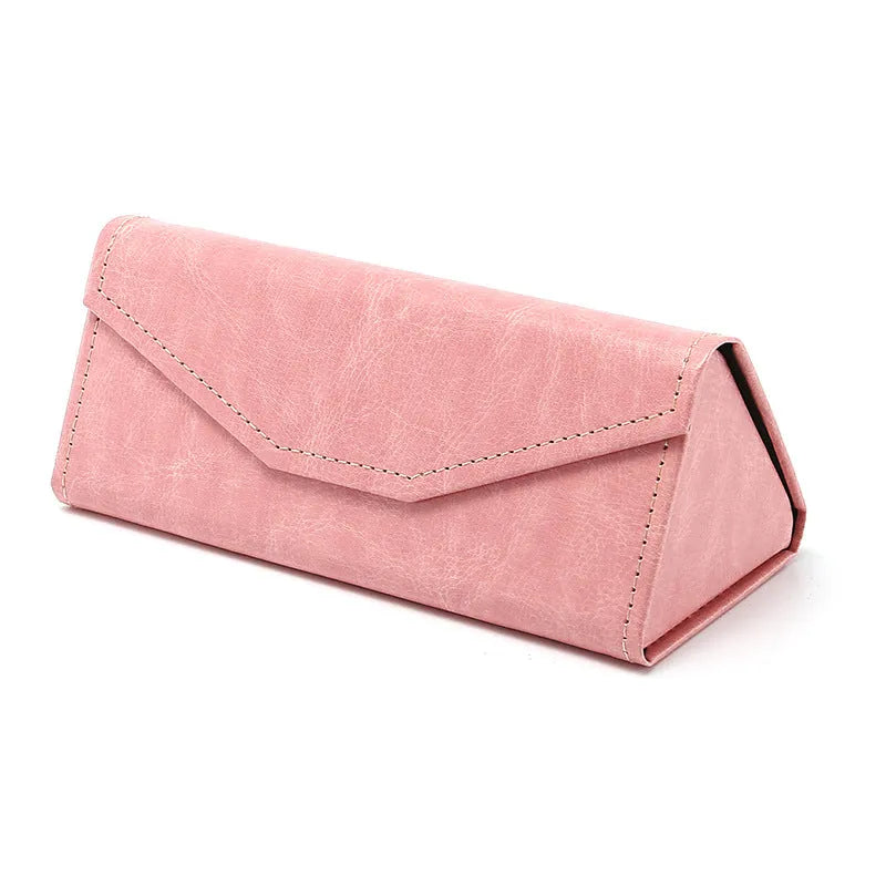 Black triangle folding glasses case with handmade stitching on PU cowhide exterior