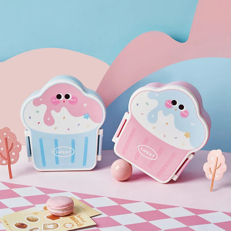 Creative ice cream shaped plastic lunch box with bento compartments in pink and blue colours with included utensils