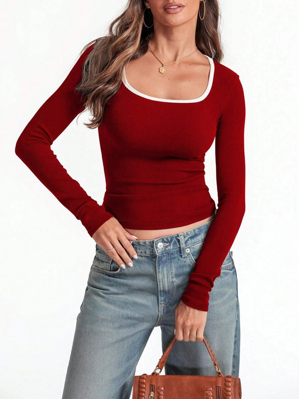 Women's slim fit cotton pullover with square collar in solid colour options.