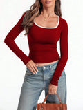 Women's slim fit cotton pullover with square collar in solid colour options.