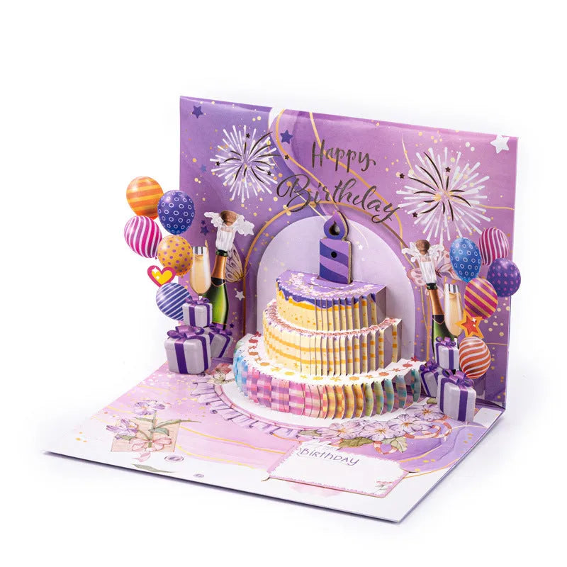 Open 3D cake greeting card with Chinese ink style artwork showing dimensional paper structure