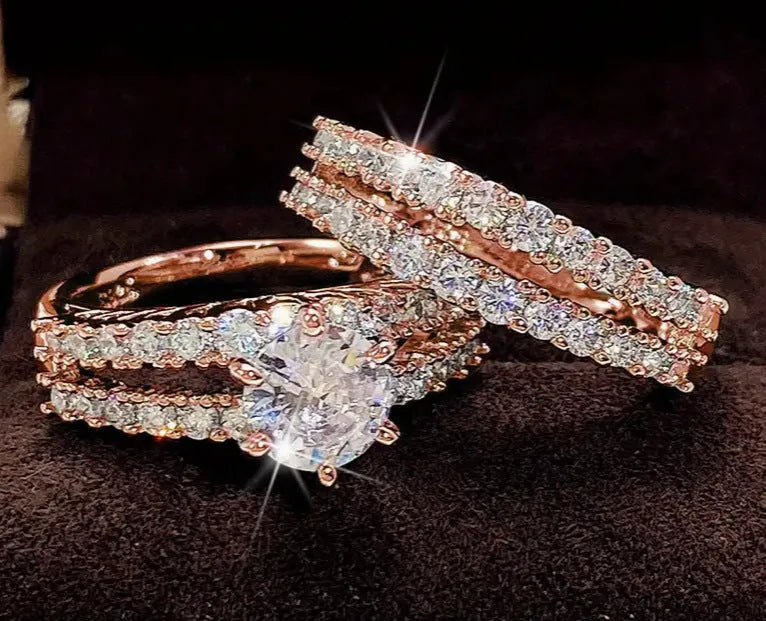 Fully jewelled 2-in-1 female ring set in alloy with silver, gold, and rose gold colour options