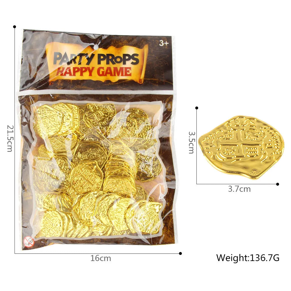 Three piles of plastic Roman coins replica in bronze, gold and silver finishes for pirate treasure decoration