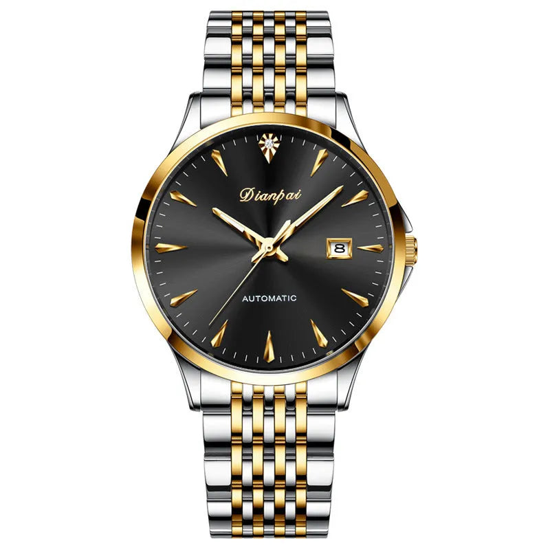 Men's stainless steel automatic watch with simple dial and mineral glass crystal