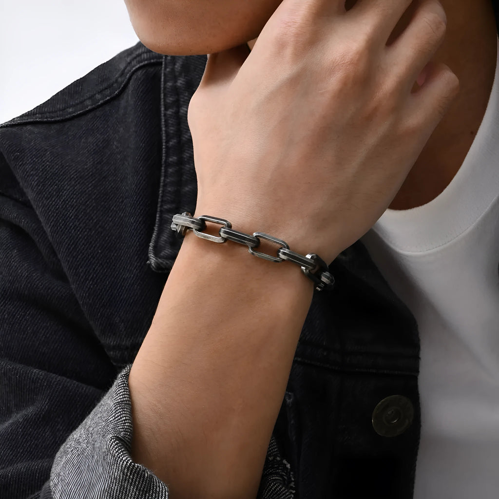 Men's titanium steel square chain bracelet in steel colour showing simple geometric design