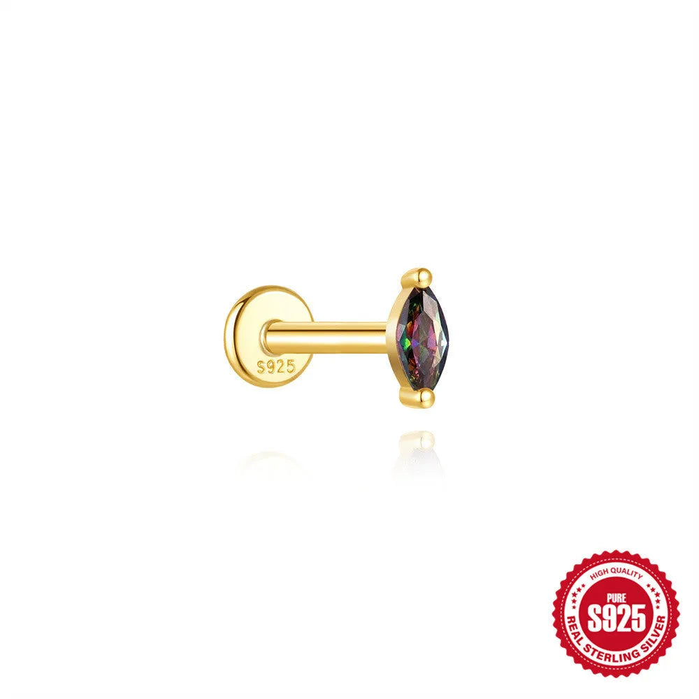 S925 sterling silver flat head thread piercing earring with rainbow stone in geometric design