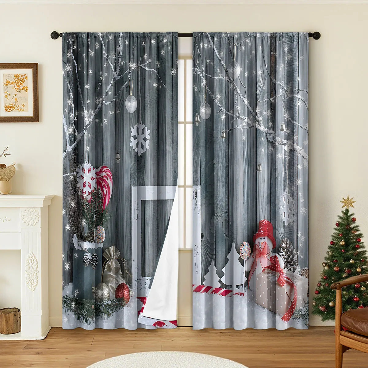 Pair of red and green Christmas theme digitally printed polyester curtains hanging on a window.