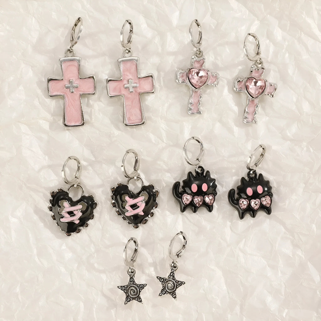 Women's cross crystal earrings in alloy with five colour options showing drip oil finish and geometric designs