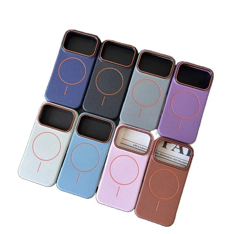 Magnetic ring TPU phone case with embossed lychee pattern in black for iPhone series
