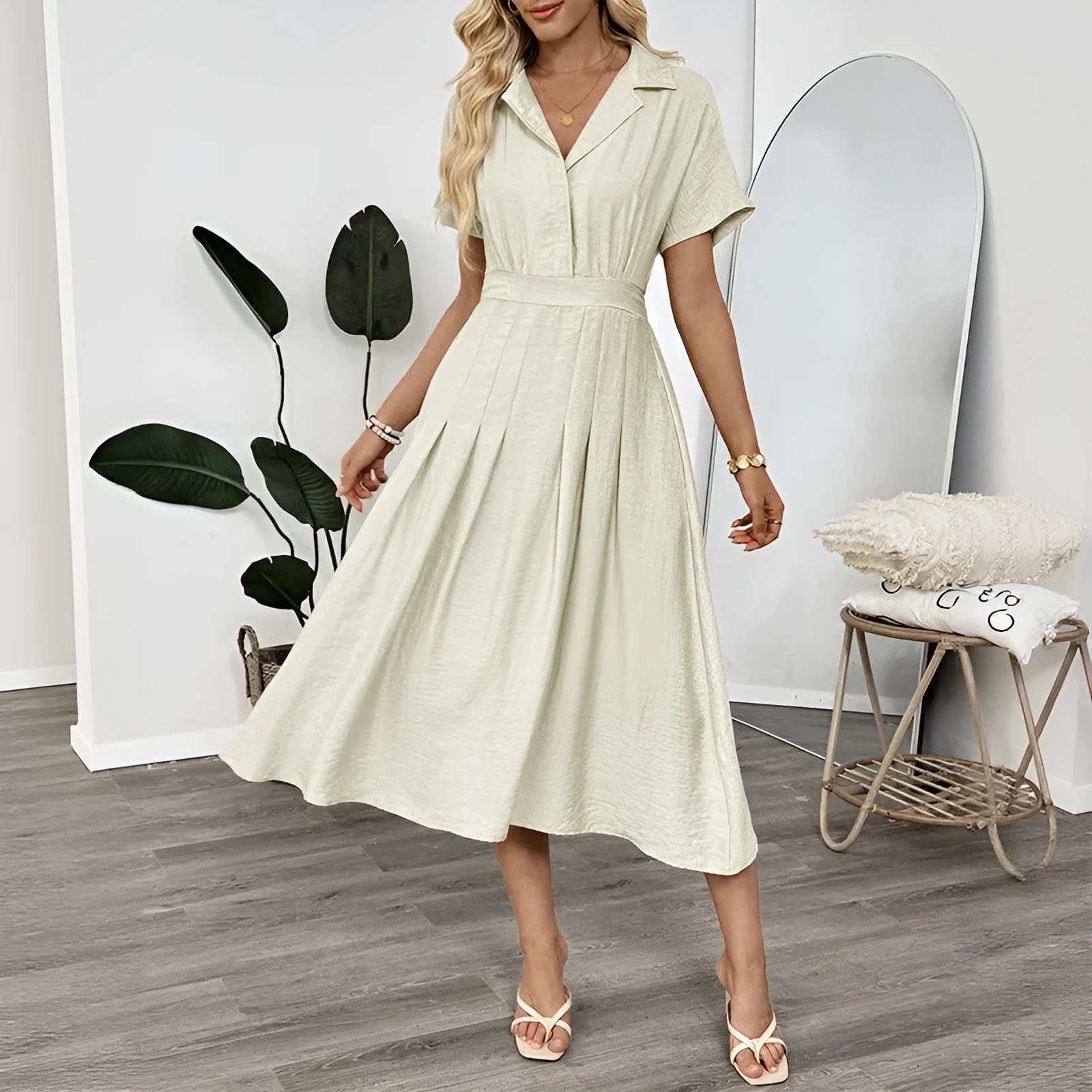 Light green twill shirtdress with lapel collar, waist-tight skirt, and commuter pocket design