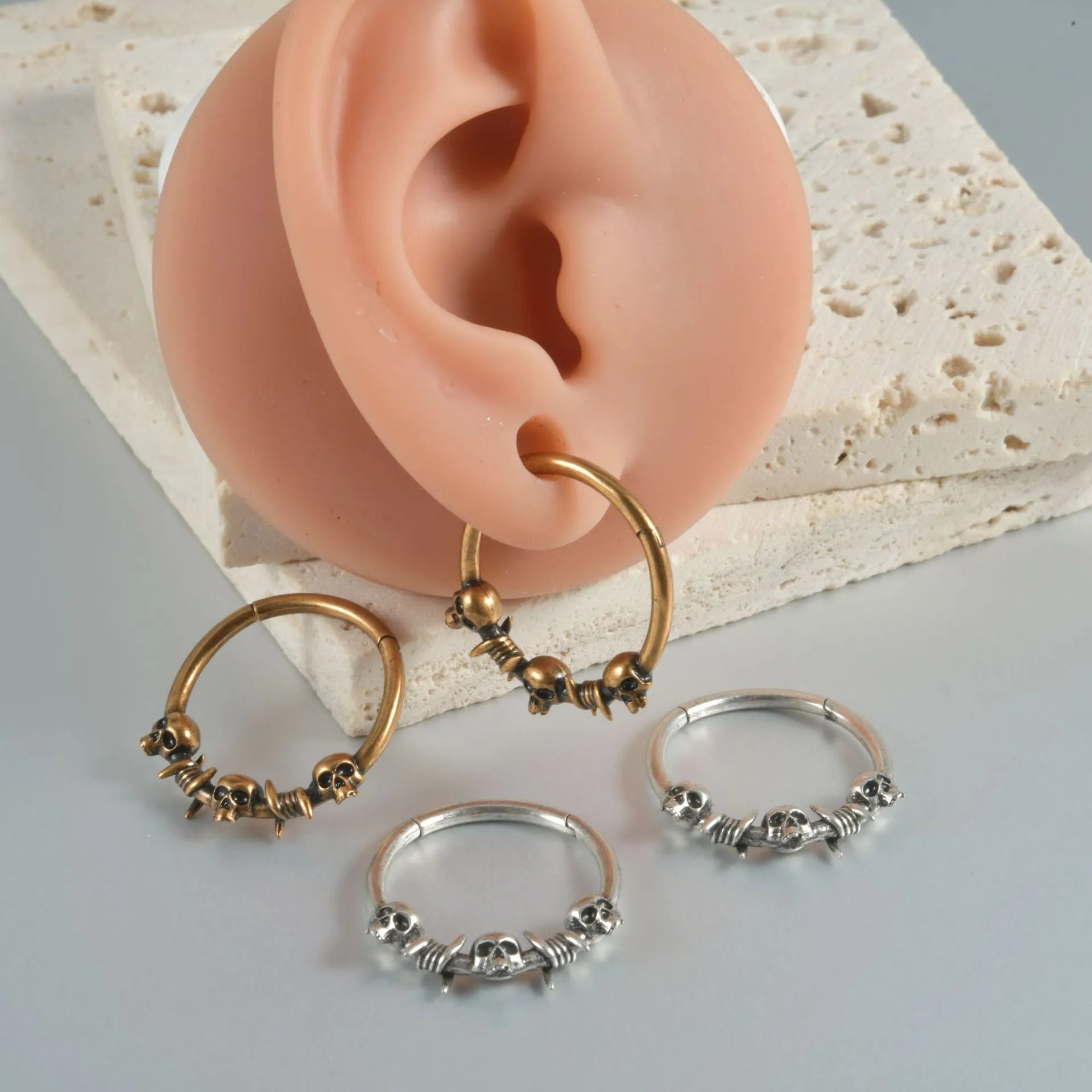 Vintage copper punk earrings with ghost head design in ancient silver or gold finish