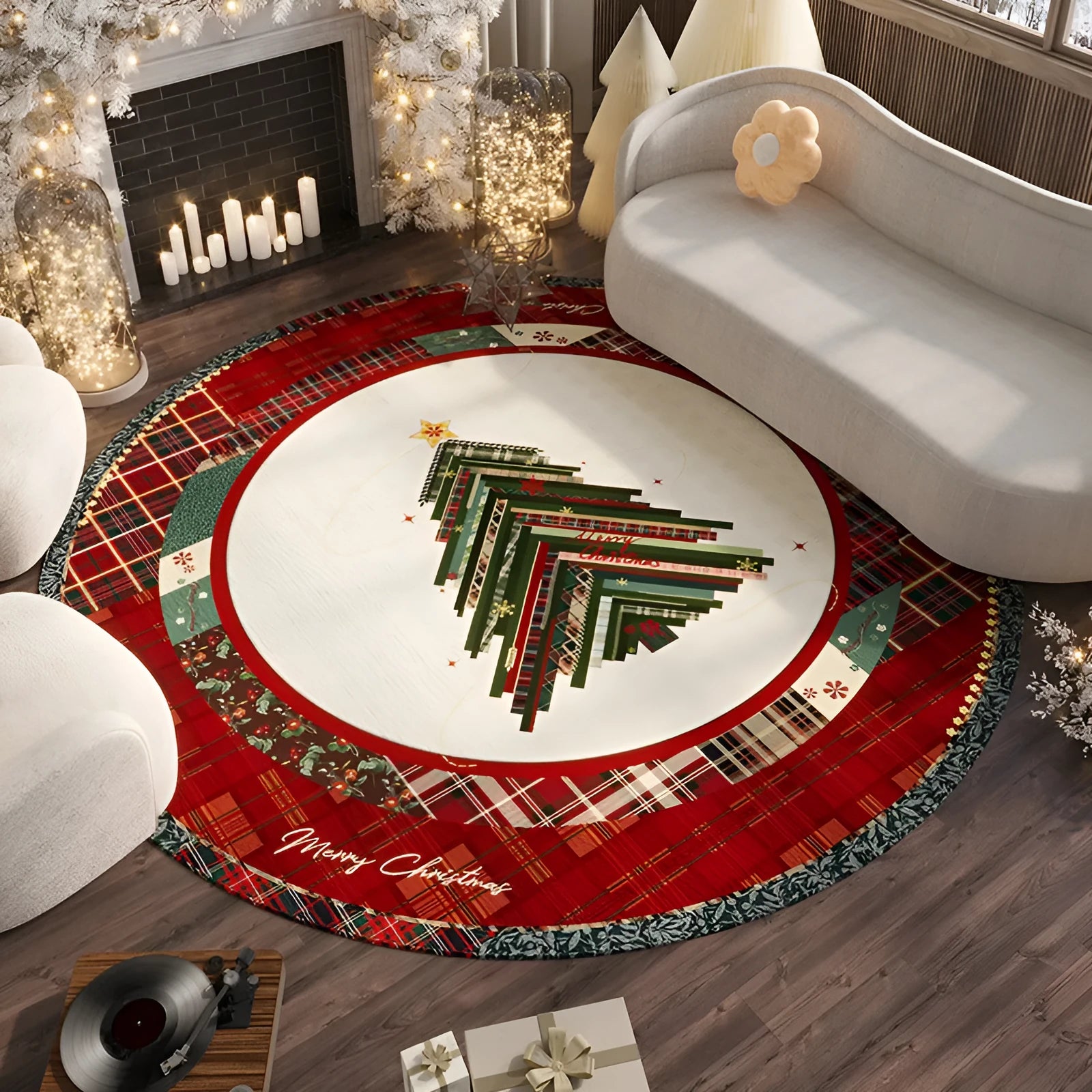 Round red Christmas floor mat with non-slip backing, shown in velvet pile texture.