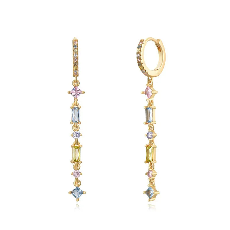 Sterling silver needle earrings with colourful zircon tassel drop design and geometric U-shape