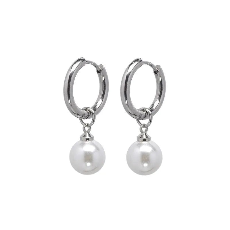 A pair of geometric-shaped women's alloy earrings with a round pearl charm, featuring titanium steel posts.