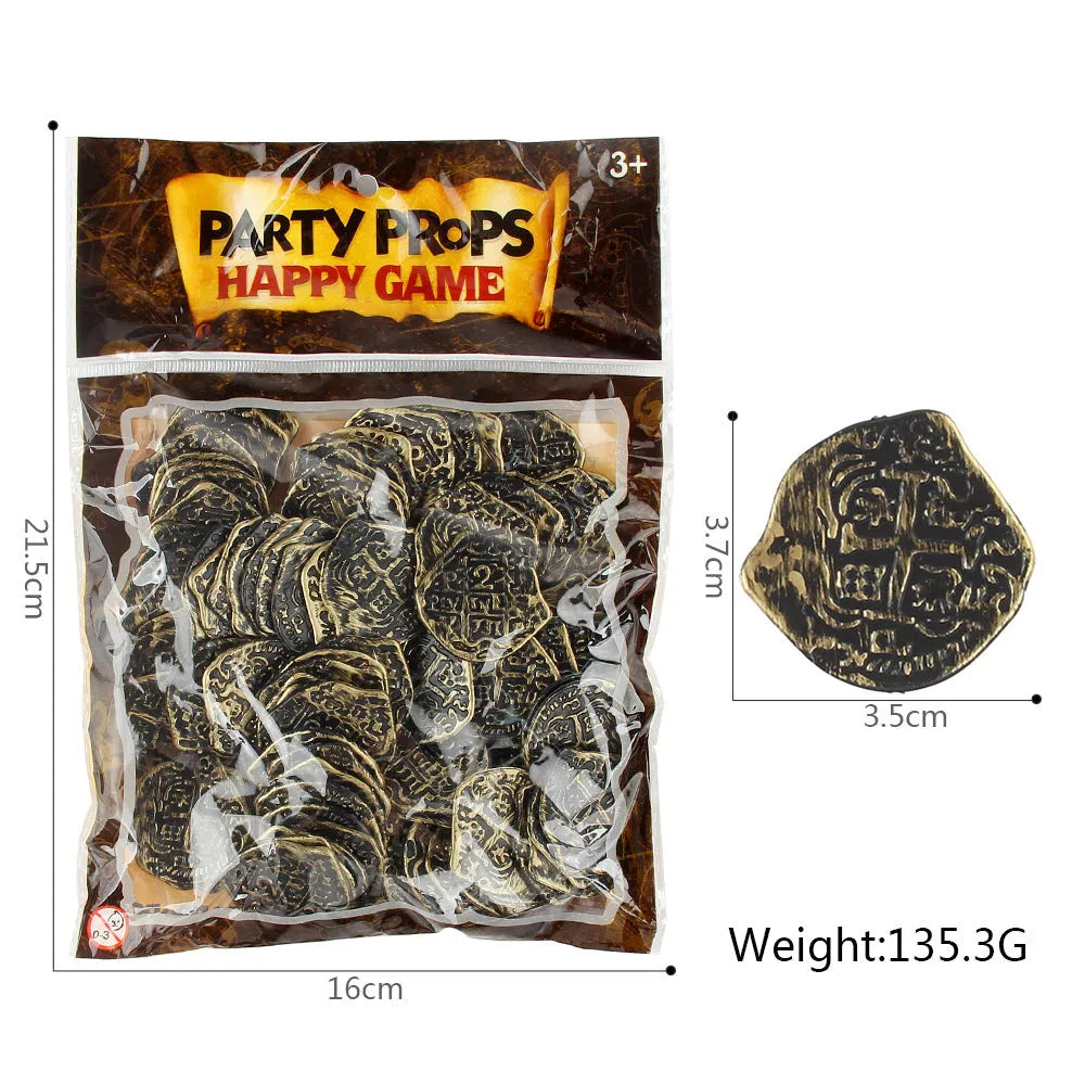 Three piles of plastic Roman coins replica in bronze, gold and silver finishes for pirate treasure decoration