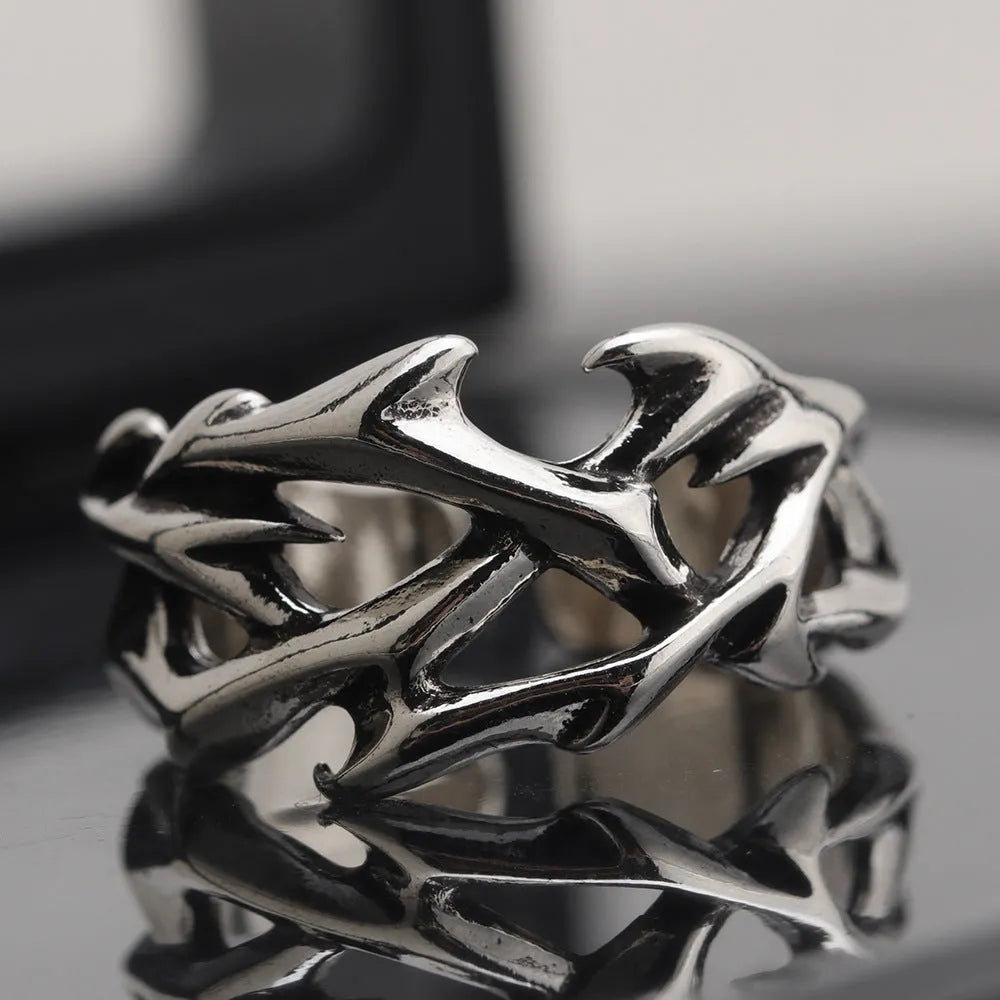 Geometric thorn flower copper men's ring with adjustable opening