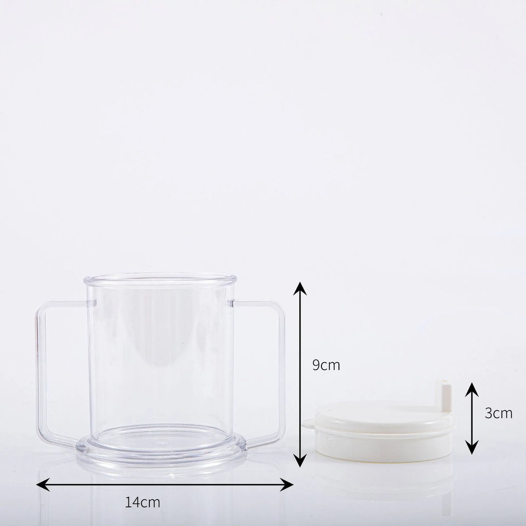 Transparent lightweight plastic drinking cup with spill-proof design on a plain background