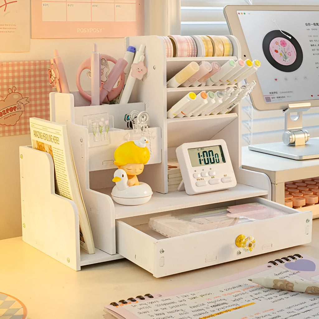 Plastic oblique insertion pen holder storage box showing multiple grid compartments for organised stationery storage