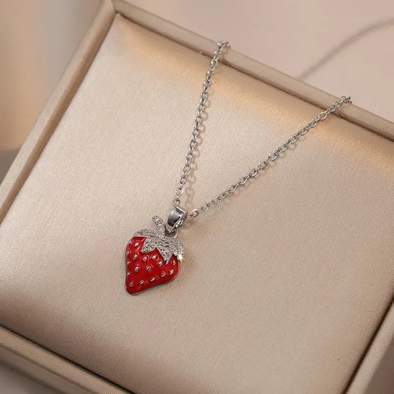 Titanium steel fashion necklace with fruit pendant designs on O-ring chain