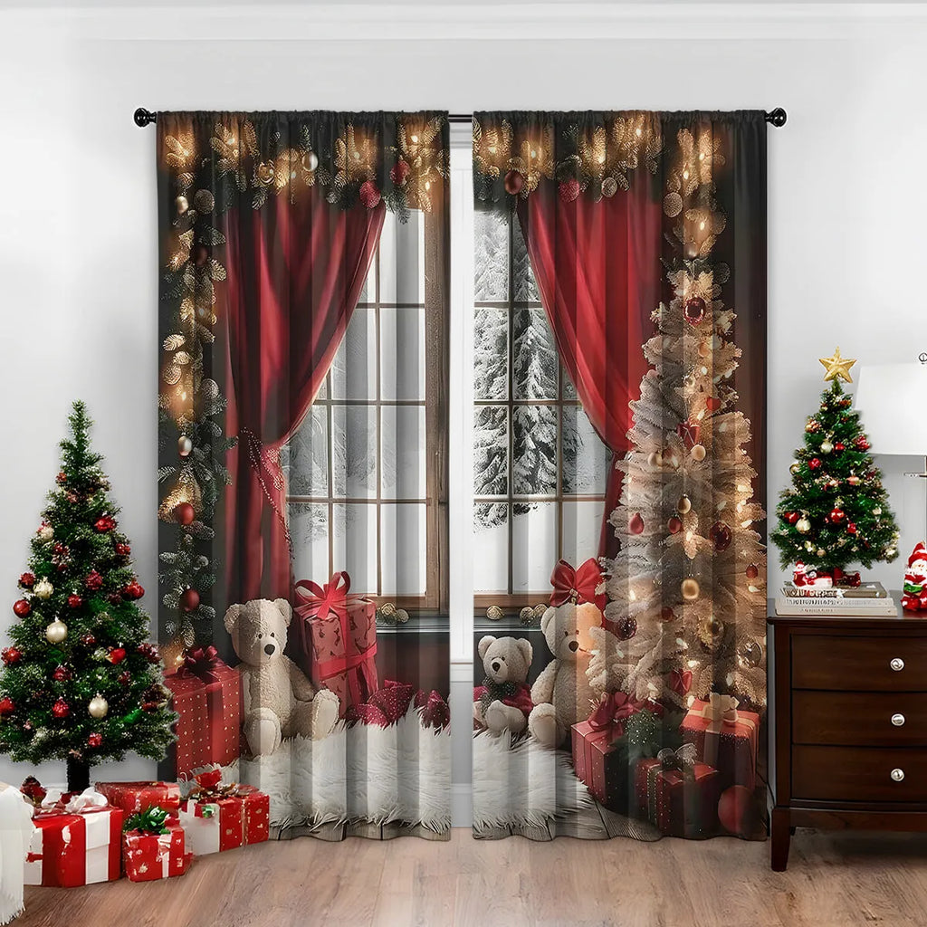 Pair of red and green Christmas theme digitally printed polyester curtains hanging on a window.