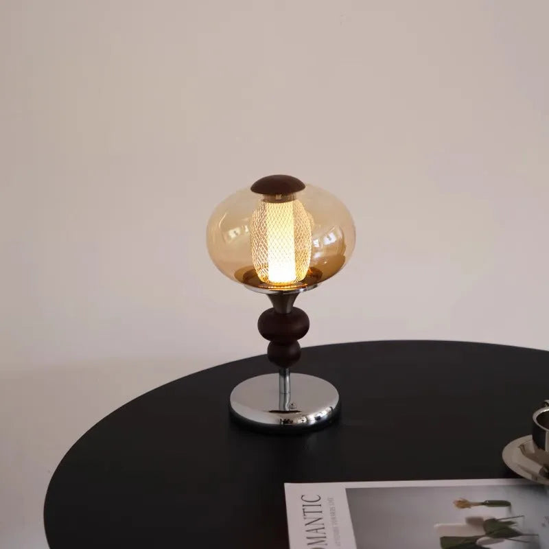 Solid wood retro style table lamp with touch controls for three-colour dimming lighting