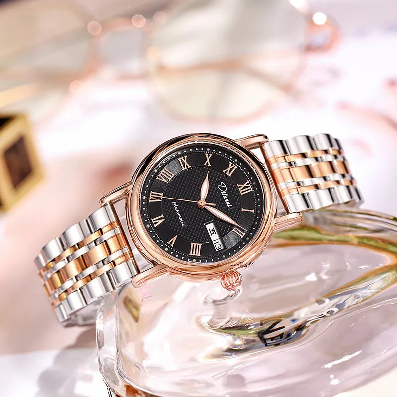 Women's automatic mechanical watch with choice of stainless steel or leather strap, 12mm thickness
