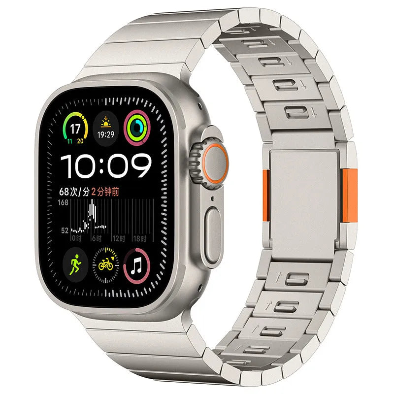 Stainless steel Apple Watch strap with magnetic buckle in business style.