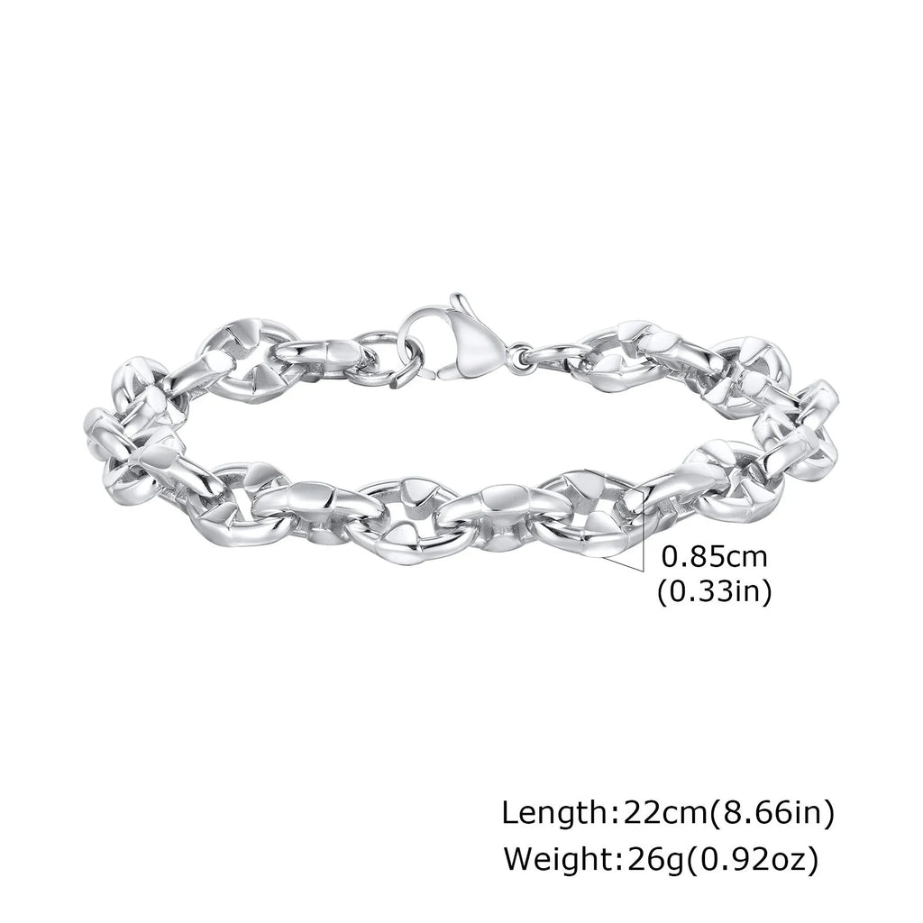 Stainless steel geometric chain bracelet with thick links, steel colour finish