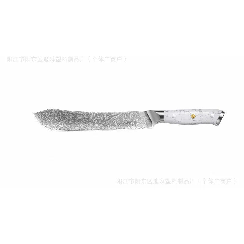 Damascus pattern chef knife with VG10 steel blade measuring 21cm, shown on a kitchen counter.