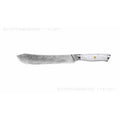 Damascus pattern chef knife with VG10 steel blade measuring 21cm, shown on a kitchen counter.