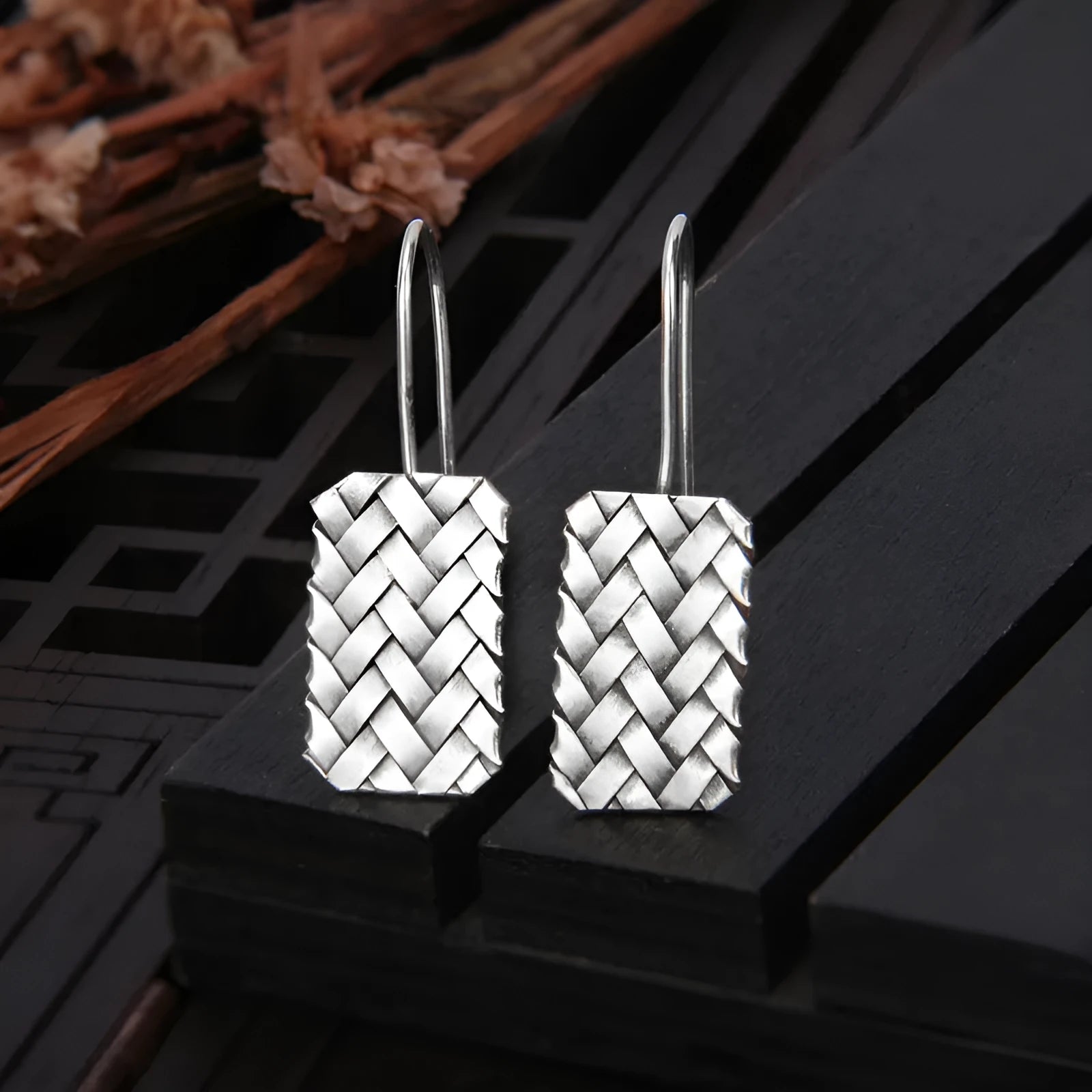 Silver geometric diamond plaid earrings with woven pattern design measuring 17.5mm