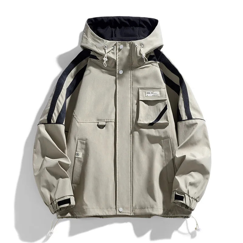 Men's loose hooded work coat in beige apricot with patch pockets and straight hem
