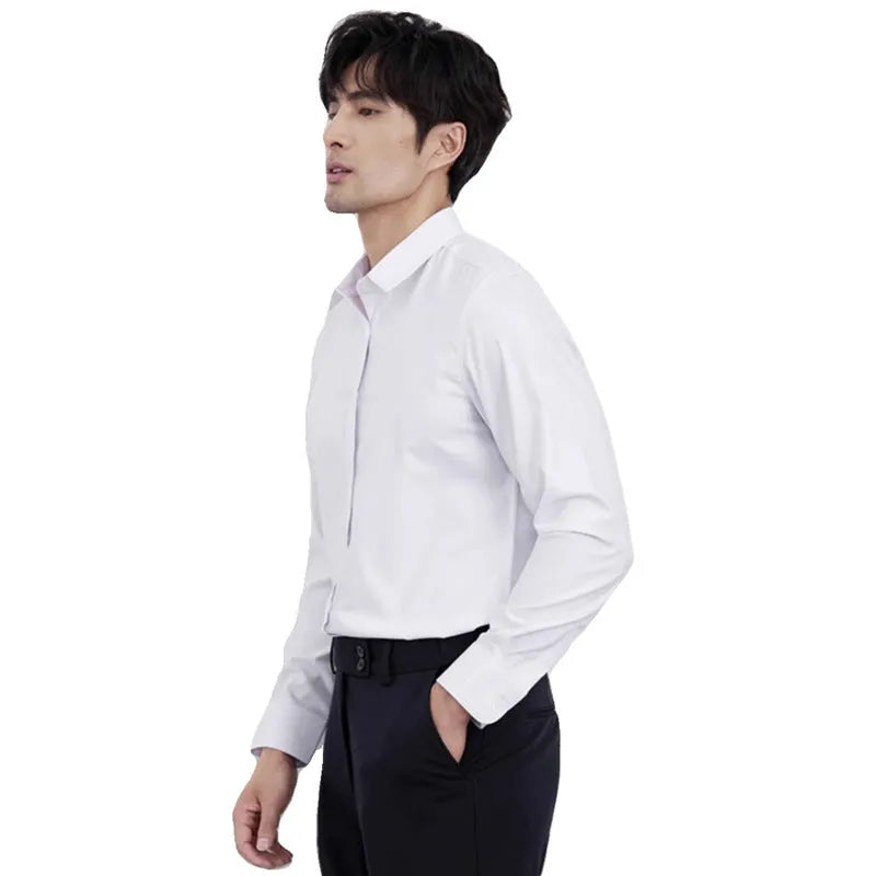 Men's wine red slim fit long sleeve shirt made from non-iron polyester blend fabric.
