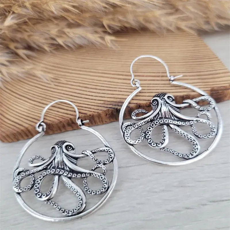 Vintage antique silver octopus earrings with zinc alloy construction and electroplated finish