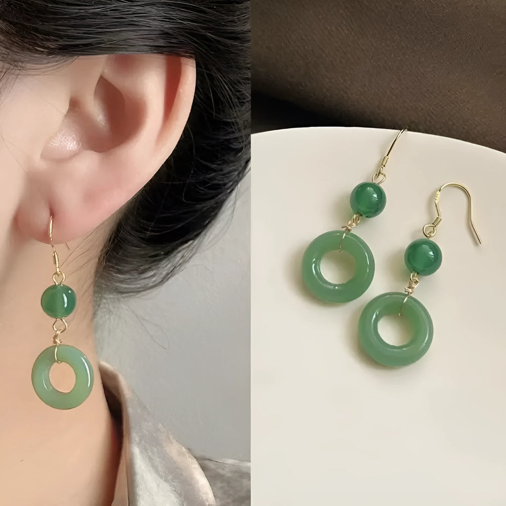 Green Chinese peace buckle earrings with geometric design and 14K gold plating