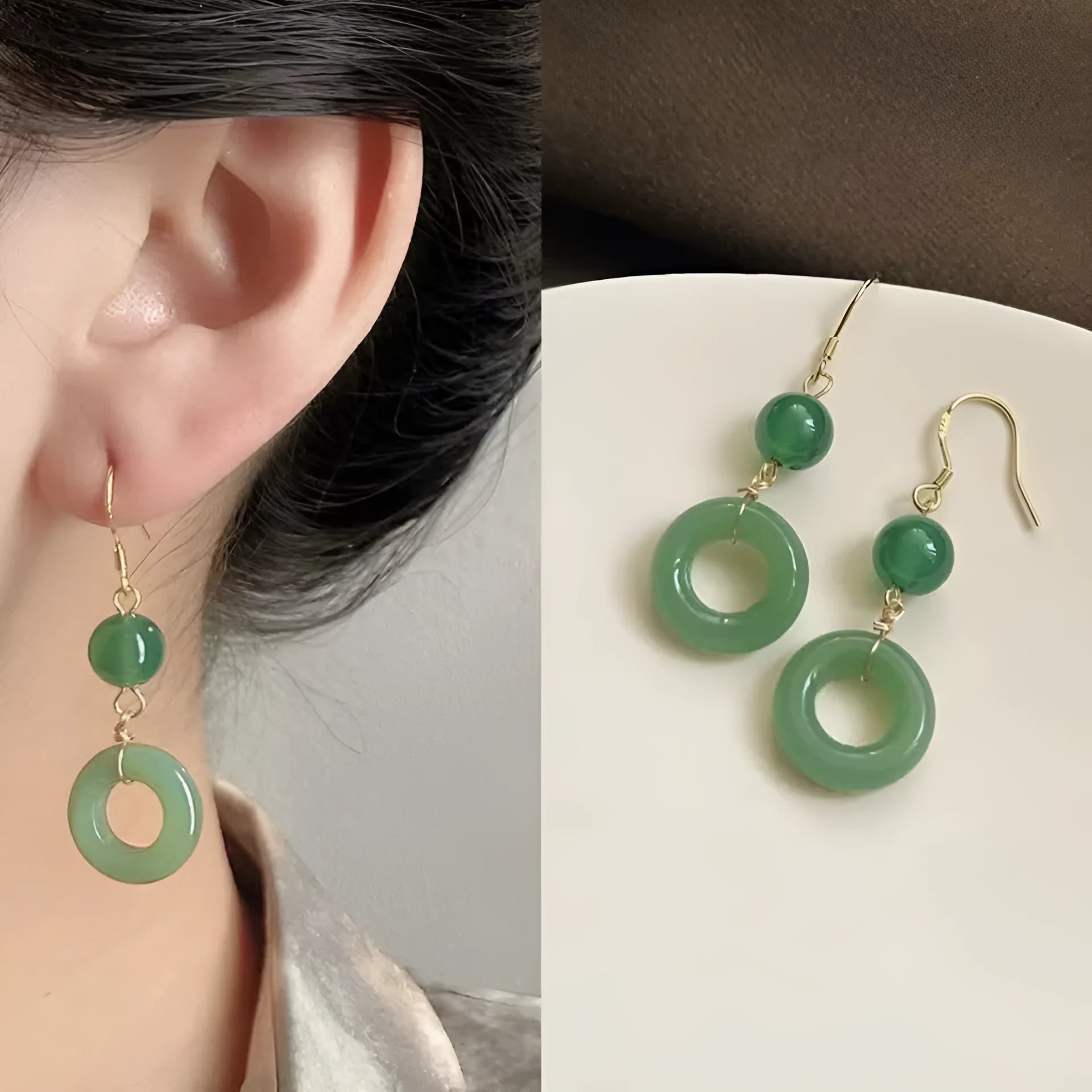 Green Chinese peace buckle earrings with geometric design and 14K gold plating