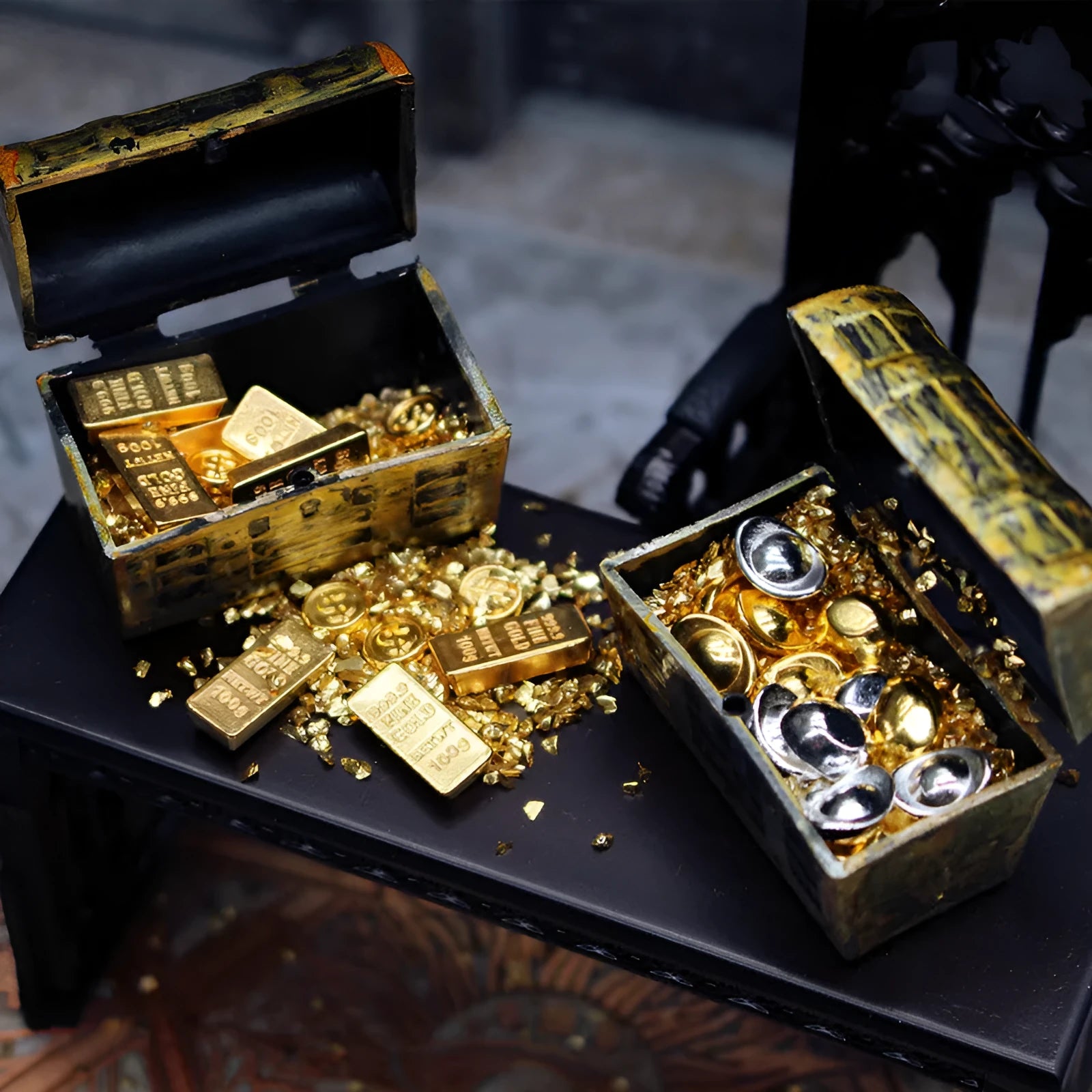 Alloy metal gold coin treasure box doll house accessories with gold bar combination styling