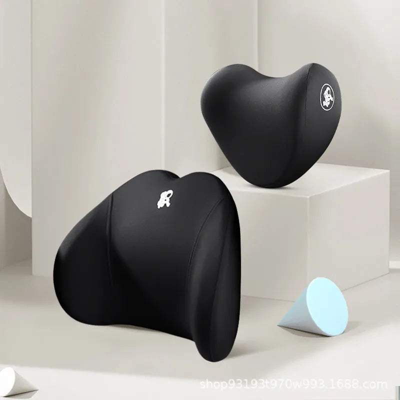 Car pillow set with heart-shaped headrest and lumbar support pillow, cotton cover, four seasons memory foam, black colour