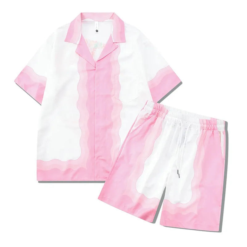 Plaid print beach shirt and trouser outfit set in European American style with short sleeves