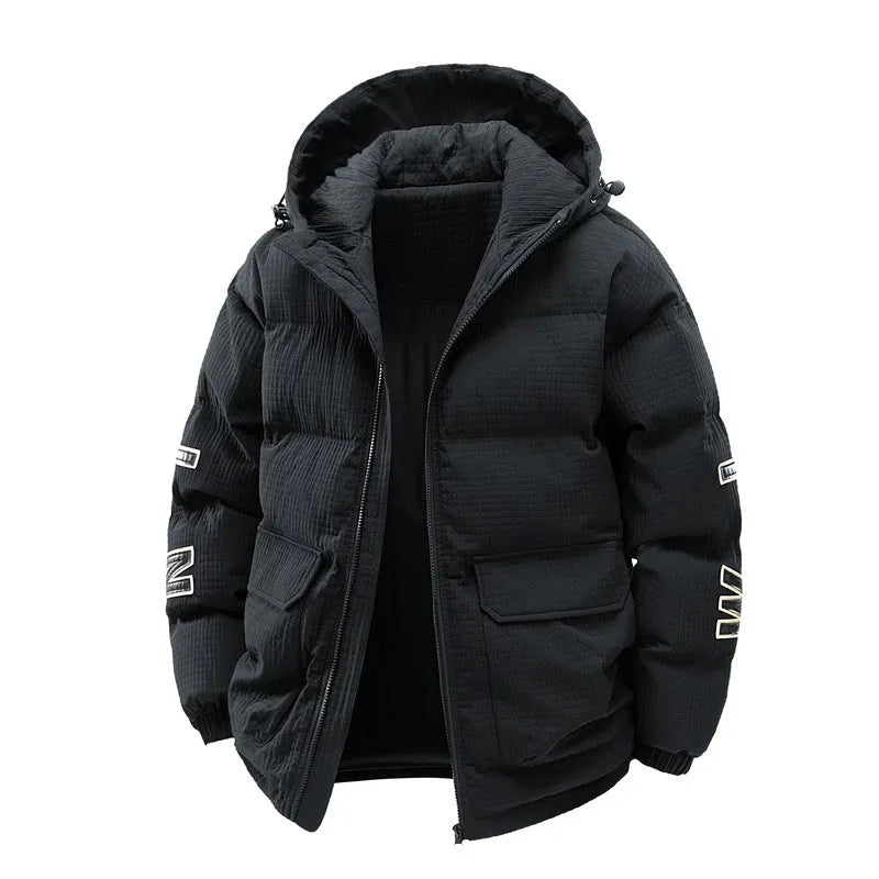 Men's black padded hooded coat with letter print, side pockets, and cardigan style