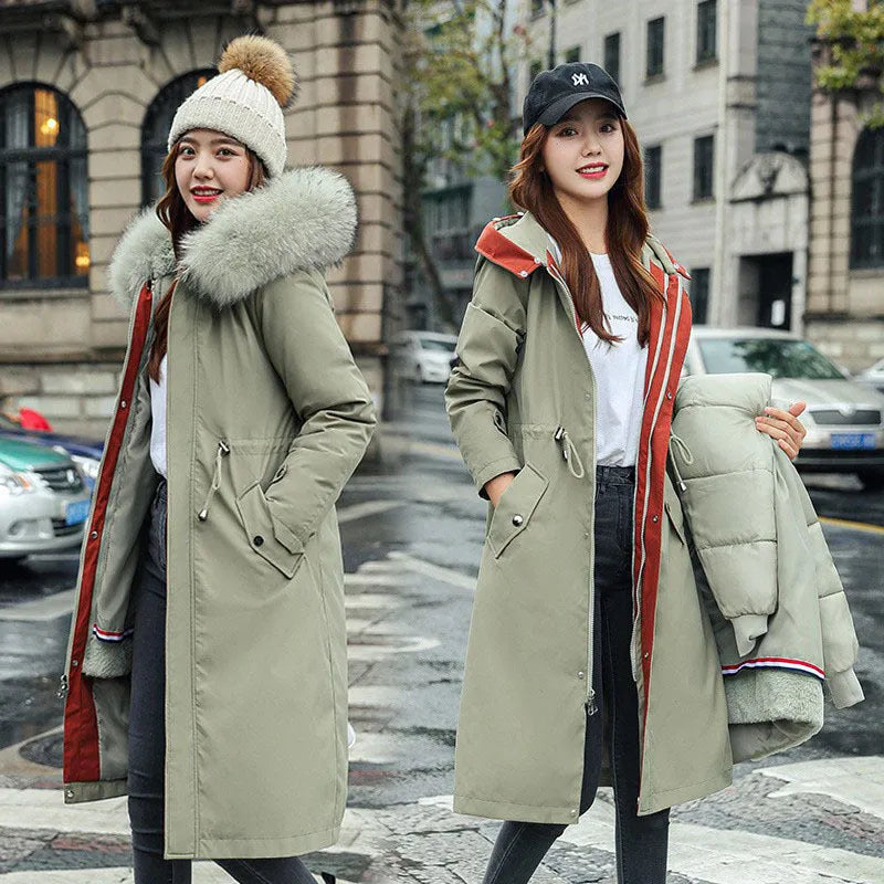 Women's long white cotton-padded trench coat with 100cm length and down cotton filler