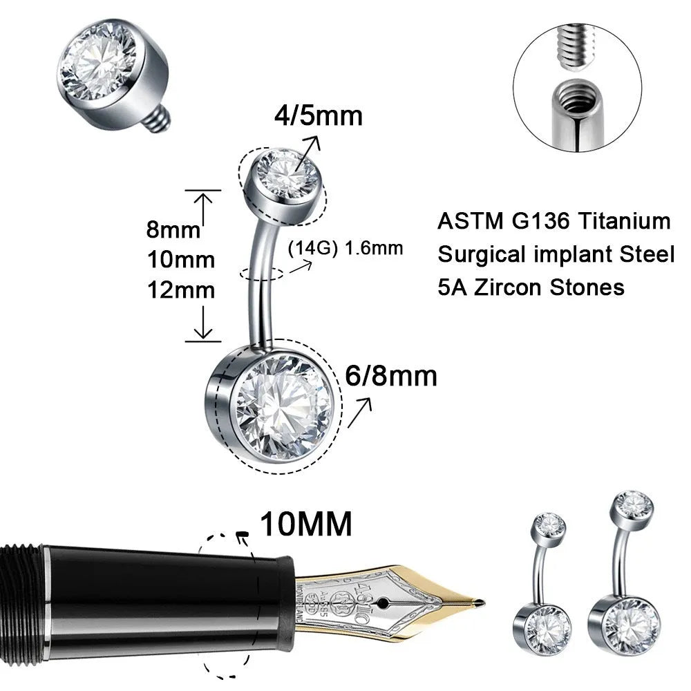 Double-headed zircon titanium alloy navel stud in various colours on a white background.