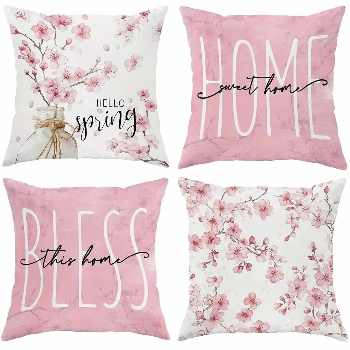 45cm square short velvet cushion cover with spring cherry blossom and letter print in assorted colours.