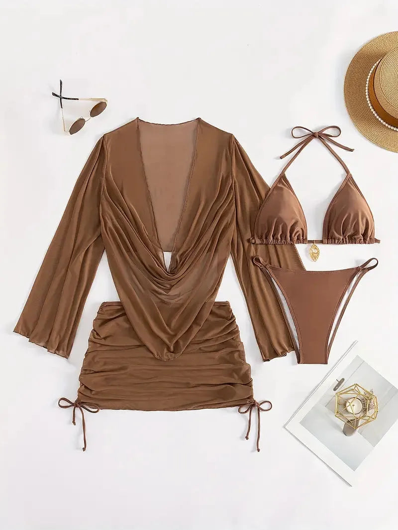 Women's dark brown lace-up front bikini swimsuit with backless design