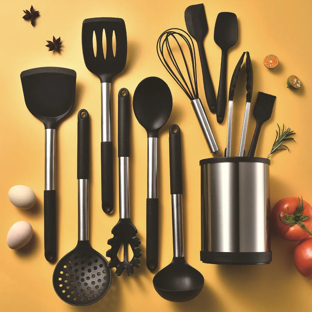 12 piece silicone kitchen utensil set with rotating storage bucket in black, dark grey or khaki colours