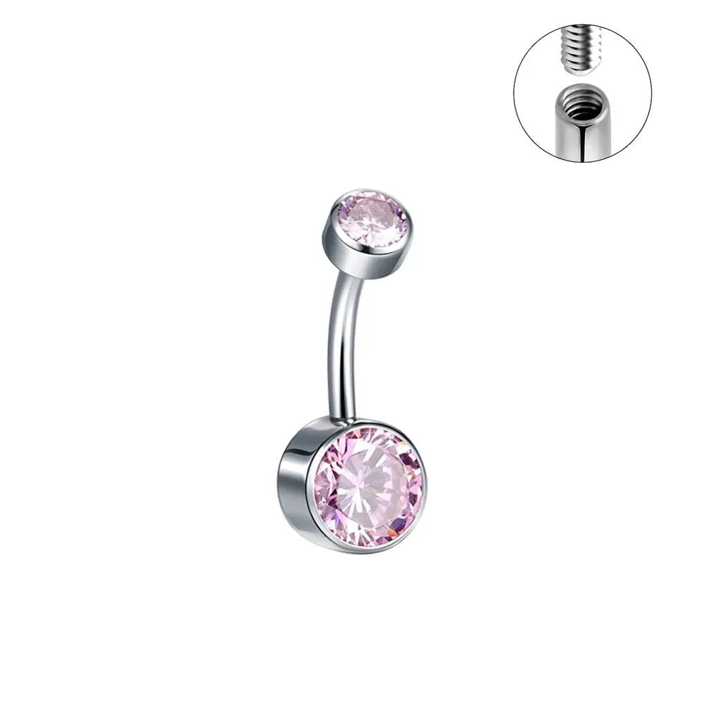 Double-headed zircon titanium alloy navel stud in various colours on a white background.