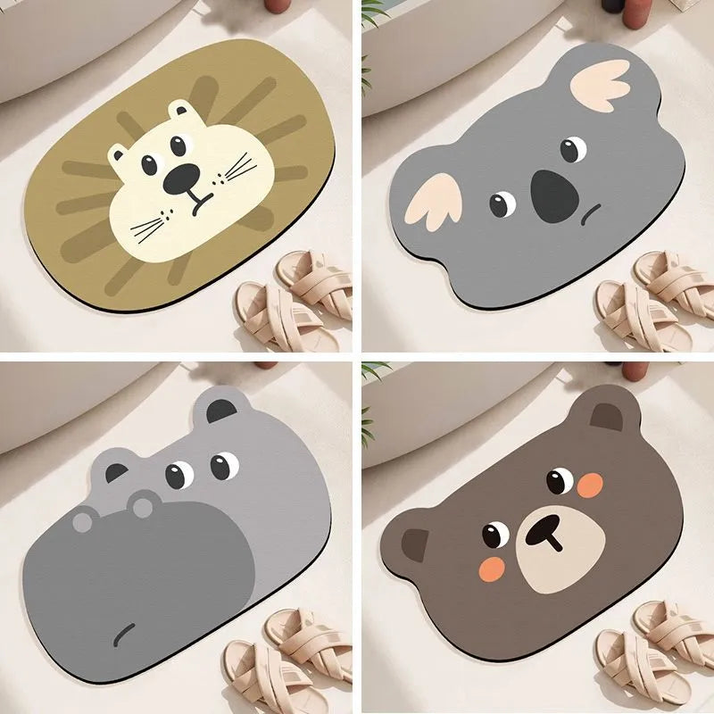 Cartoon animal diatomite bathroom mat in alien shape on tiled floor.